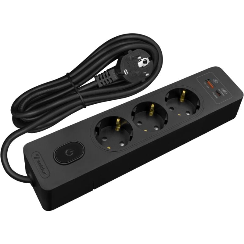 Multiprise seldur G3TH22S, 3 prises type f + interrupteur, usb a+c charge rapide 20W, Noir, câble 2m