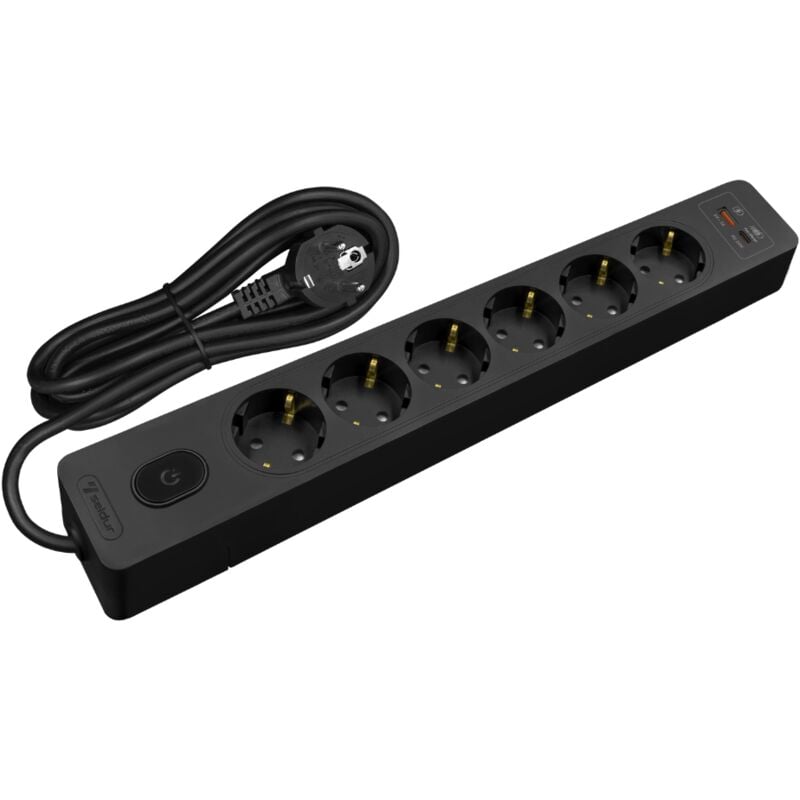 Multiprise seldur G6TH12S, 6 prises type f + interrupteur, usb a+c charge rapide 20W, Noir, câble 1.5m