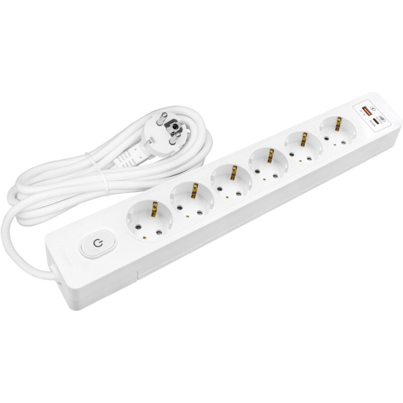 Multiprise seldur G6TH32B, 6 prises type f + interrupteur, usb a+c charge rapide 20W, Blanc, câble 3m