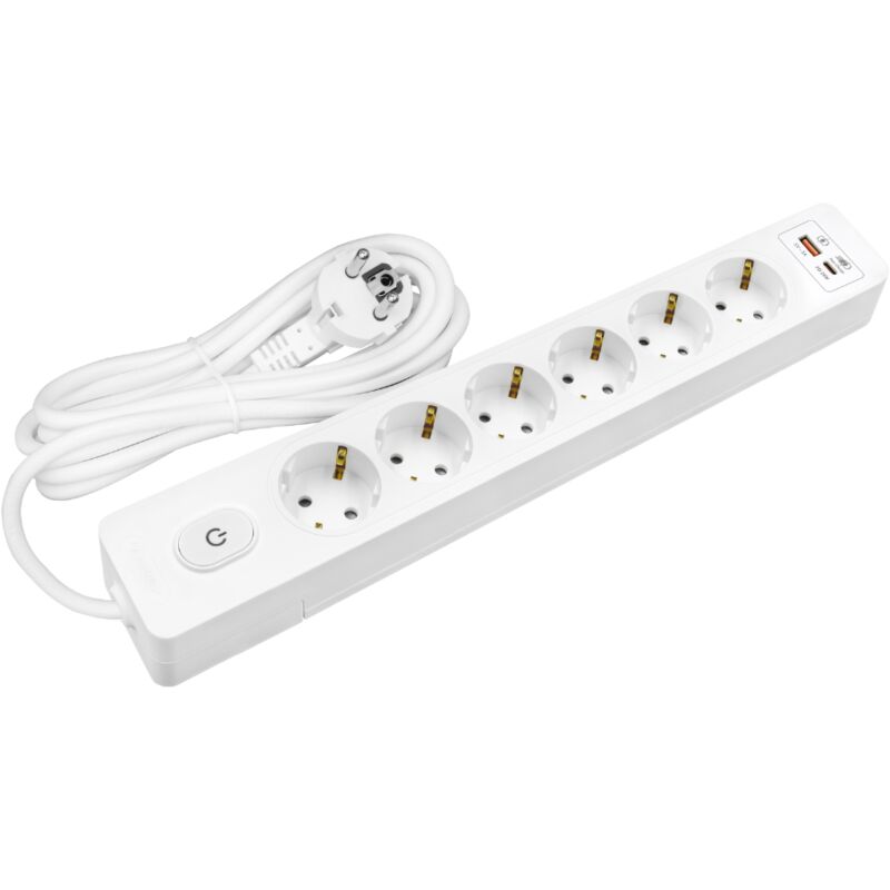 Multiprise seldur G6TH52B, 6 prises type f + interrupteur, usb a+c charge rapide 20W, Blanc, câble 5m