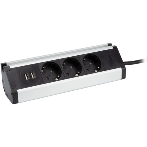 Multiprise support smartphone 3 prises Schuko + 2 USB A - Argent/Noir - Zenitech