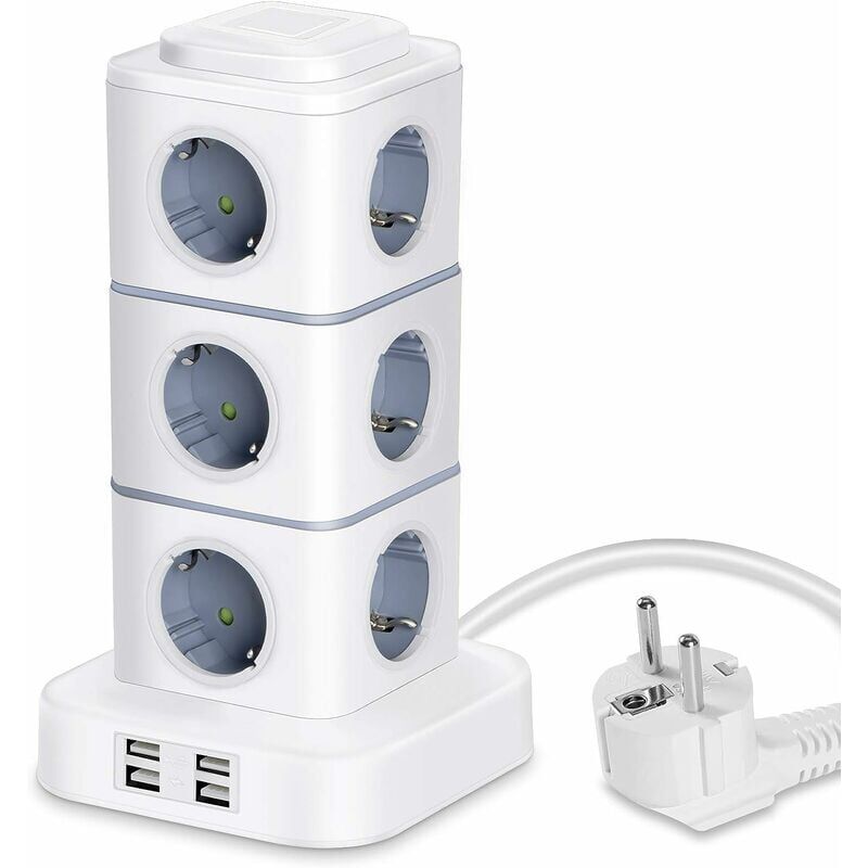 Multiprise tour, 12 multiprises (2500W / 10A) avec 4 ports usb, multiprises verticales avec protection contre les surtensions pour bureau à domicile,