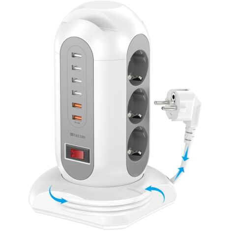 Multiprise tour 15 en 1 2500 W, 9 prises, 6 ports de chargement USB, prise d'extension rétractable de 1,8 mètres, Blanc