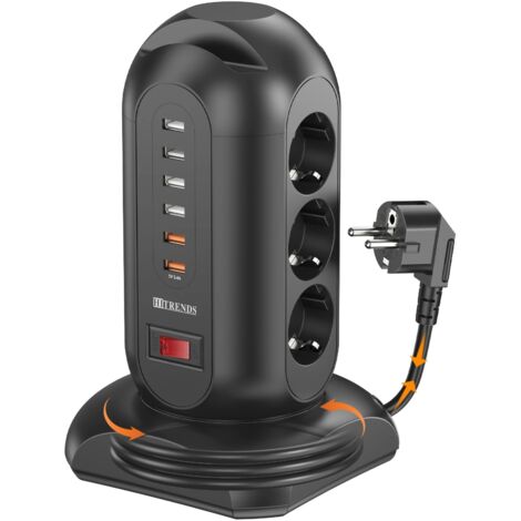 Multiprise tour 15 en 1 2500 W, 9 prises, 6 ports de chargement USB, prise d'extension rétractable de 1,8 mètres, Noir