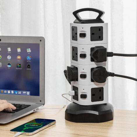 Multiprise tour 15 prises + 2 ports USB avec prise britannique et protection contre les surtensions