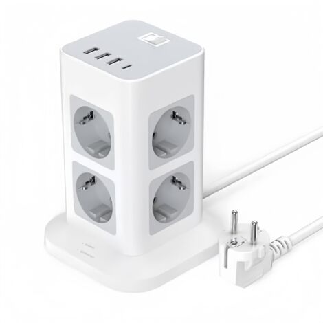 Multiprise Tour - 8 Prises Secteur + 1 USB C + 3 USB A - Protection Antisurtension - Câble d'Extension 2 m - Puissance Max 3600 W - Pour Maison Bureau Cuisine