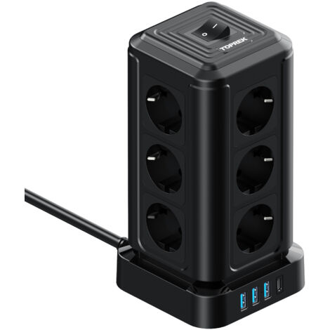 Multiprise tour européenne TP-VF4U12E-C avec 12 prises, 4 ports USB, câble 2 m, 4000W, protection surcharge