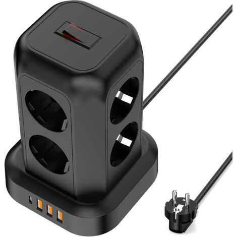 Multiprise Tour Norme EU 8 Prises AC + 3 USB-A + 1 USB-C, Câble 1,8M, Protection Surtension Verticale Gain de Place