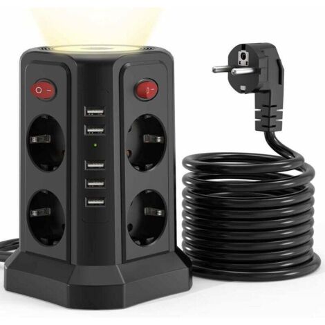 Multiprise tour, parasurtenseur avec 8 prises, 4 commutateurs individuels et 5 ports USB, prises multiples avec commutateurs