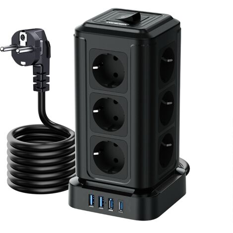 Multiprise Tour Verticale 12 Prises + 4 Ports USB 1 type C Parasurtenseur Économise d'Espace pour Maison et Bureau