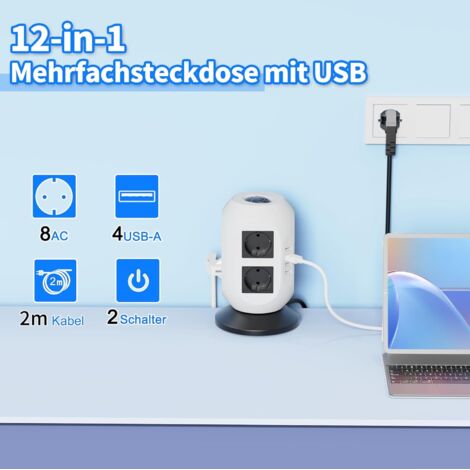 Multiprise tout-en-un : 8 prises secteur et 2 ports USB avec protection contre les surtensions, câble de 2 m, double interrupteur pour la maison, le bureau ou une chambre d’étudiant(Noir et blanc)