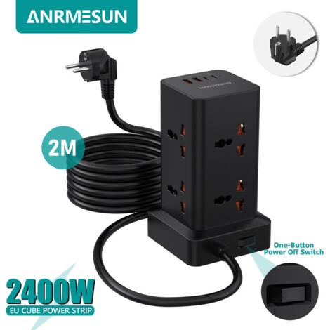 Multiprise UE avec protection surtension – 2 ports USB + 2 ports Type-C PD 20W, charge rapide, rallonge universelle multi-prises