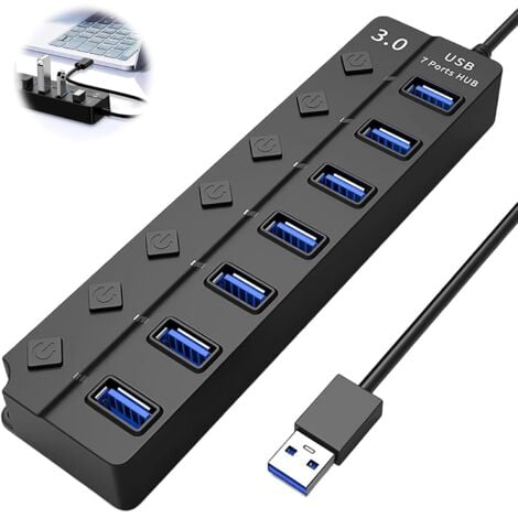 READCLY Multiprise USB 3.0, Multi 7 Ports Multiprise USB avec Interrupteur Indépendant, Transfert De Données,Port USB Multiple pour PC, Ordinateur Portable, MacBook, Mac Pro, Mac Mini, iMac, Surface Pro