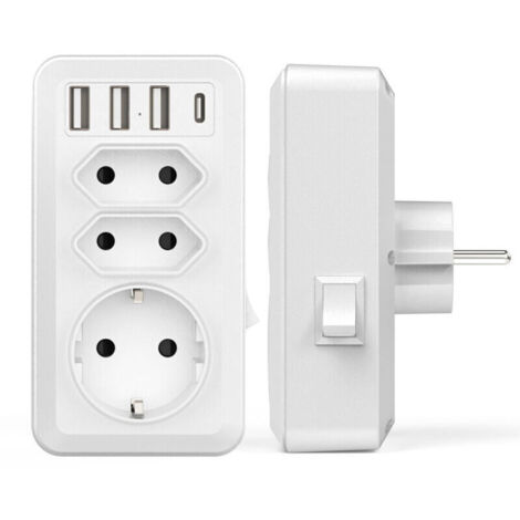 Multiprise USB 7 en 1 avec 3 prises secteur (16 A, 3 800 W), 3 ports USB 5 V/3,4 A et 1 port USB-C. Idéale pour la maison, le bureau et les voyages. Compatible avec les téléphones.
