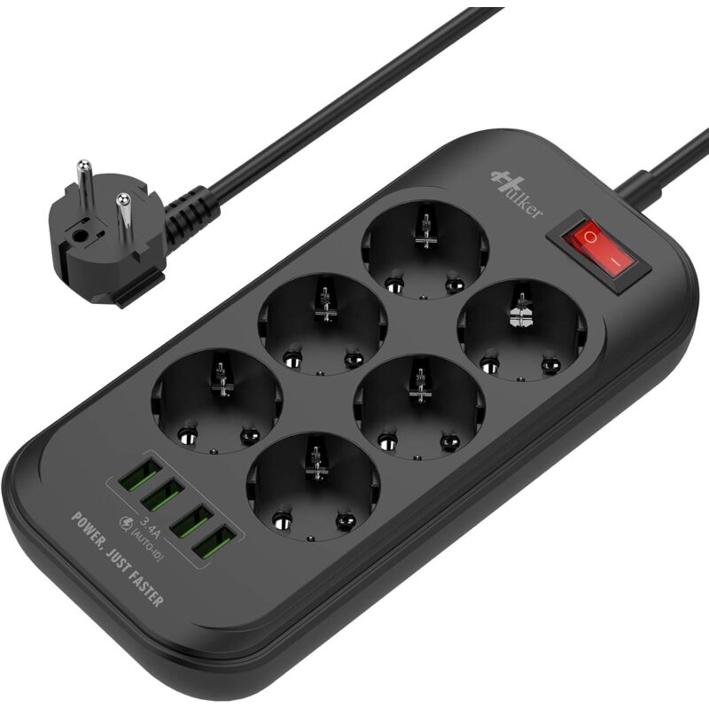 Multiprise usb avec 6 Prises Prises 4 Ports usb Protection Contre Les Surtensions Multiprise Electrique avec Cordon de 2m Prise ue