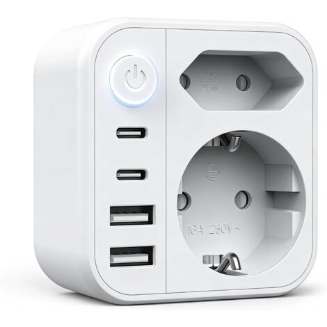 Multiprise USB, Multiprise Murale, Prise Multiple 6-en-1, Multiprise avec 2 Ports USB A & 2 USB C, Prise Murale avec Interrupteur, Double Prise pour Maison, Bureau, Voyage, Blanco