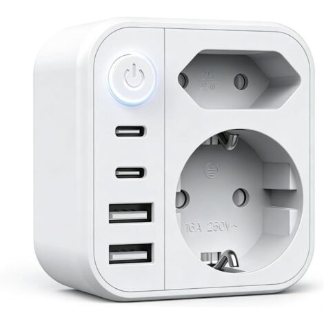 Multiprise USB, Multiprise Murale, Prise Multiple 6-en-1, Multiprise avec 2 Ports USB A & 2 USB C, Prise Murale avec Interrupteur, Double Prise pour Maison, Bureau, Voyage, Blanco