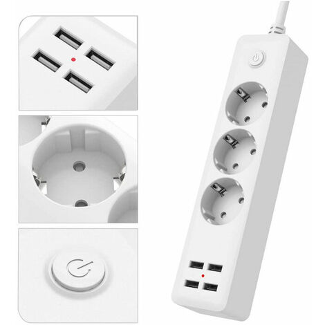 Multiprise USB standard européenne avec 3 prises, multiprise avec 4 ports USB, multiprise avec interrupteur, cordon d'alimentation de 1,5 M, convient pour la maison, le bureau, l'installation murale