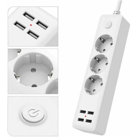Multiprise USB standard européenne avec 3 prises, multiprise avec 4 ports USB, multiprise avec interrupteur, cordon d'alimentation de 1,5 M, convient pour la maison, le bureau, l'installation murale