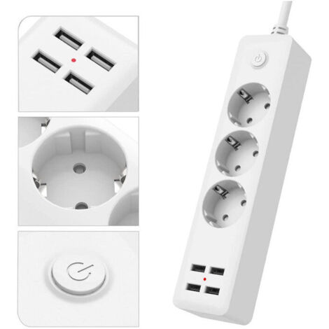 Multiprise USB standard européenne avec 3 prises, multiprise avec 4 ports USB, multiprise avec interrupteur, cordon d'alimentation de 1,5 M, convient pour la maison, le bureau, l'installation murale