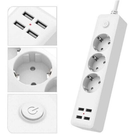 Multiprise USB standard européenne avec 3 prises, multiprise avec 4 ports USB, multiprise avec interrupteur, cordon d'alimentation de 1,5 M, convient pour la maison, le bureau, l'installation murale