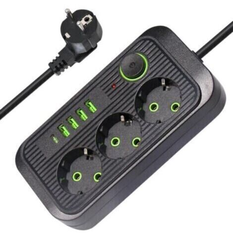 Multiprises 3 Prises, Multiprise avec Interrupteur, 4 Port USB A et 1 Port USB C, Bloc Multiprise Parafoudre et Surtension, Câble 2M, 10A 2500W, pour Maison, Bureau (Noir)