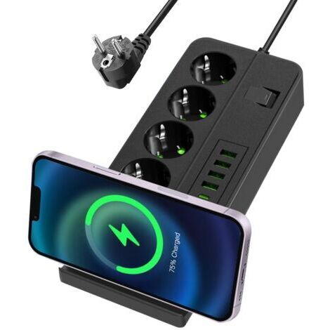 Multiprises Electrique, 11 in 1 Bloc Multiprise, Multiprise avec Interrupteur Parafoudre, 4 Prises Multiprise avec 6 USB, Chargement sans Fil Multiprise Electrique, Câble 2M Bureau,Noi