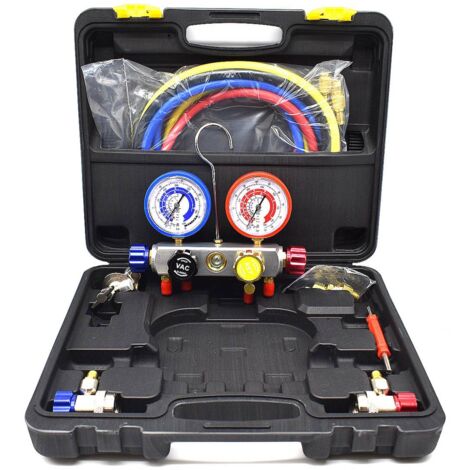 Multitanks – Coffret manifold 4 voies pour R12, R22, R134a et R410A – 4 couleurs – Pression 800 à 4000 psi – Avec 3 tuyaux 1.5m 1/4 SAE