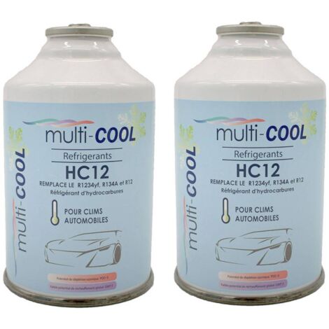 Multitanks – Lot de 2 canettes réfrigérant MULTICOOL 12a – Remplace R12, R134a, 1234yf – 160g – Filetage 1/2 ACME pour systèmes de climatisation