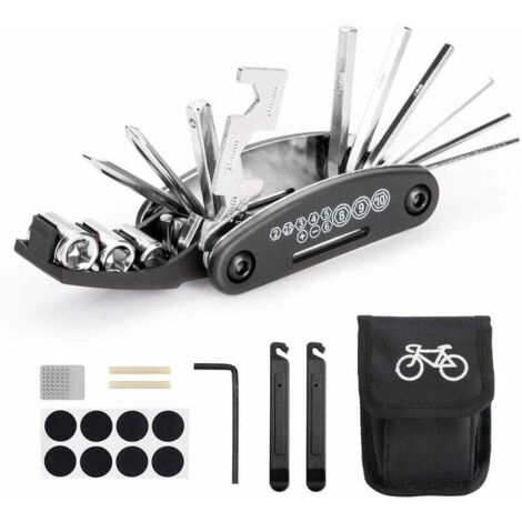 Multiutensile per bici, borsa portautensili portatile 16 in 1 con smagliacatena e leva per toppe per pneumatici, toppa autoadesiva per bici, ecc.