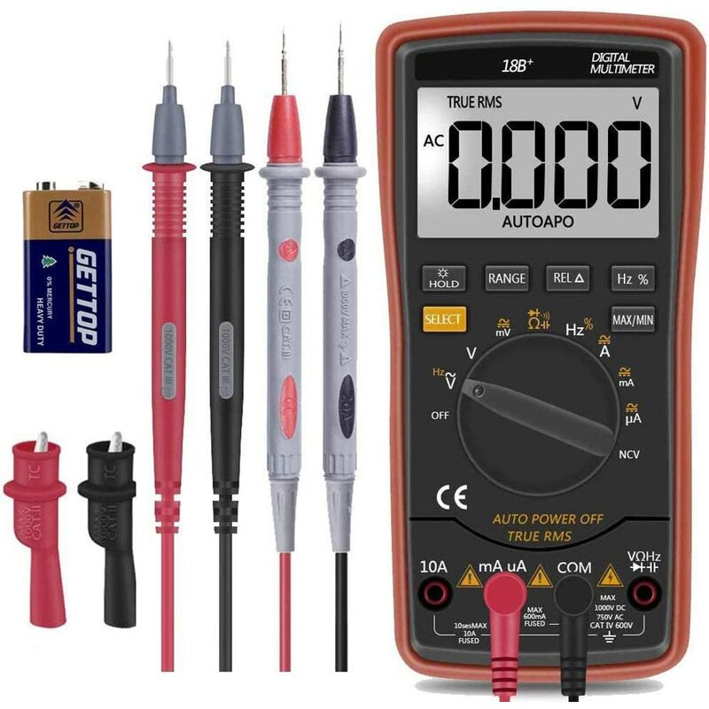 

Multímetro digital automático de rango manual, TRMS 6000 con batería pinzas cocodrilo Cables de prueba CA / CC Voltios Resistencia a la corriente