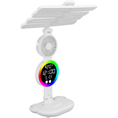 Mumusuki Lampe de Bureau avec Ventilateur, Heure, Date, Température, Contrôle Tactile, Lampe de Bureau LED Rechargeable et Pliable, 3 Modes D'éclairage, Support de Stylo à intensité