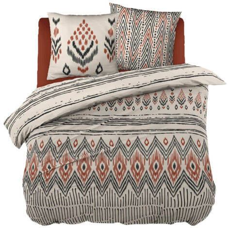 MUNDA - Parure de Lit Coton Motifs Ethniques Housse de Couette 200x200cm + 2 Taies d'Oreiller