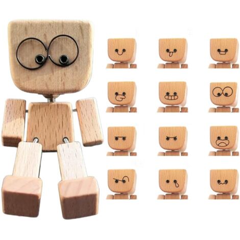 Muñeca de madera con pies que se mueven, figura hecha a mano con 12 caras magnéticas, decoración para escritorio y salpicadero, regalo para mujeres o niñas.