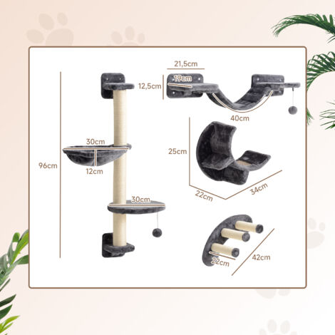 Mur d'escalade pour chat, ensemble 4 pièces avec hamac et pont pour chat, convient aux chats jusqu'à 5 kg, gris foncé