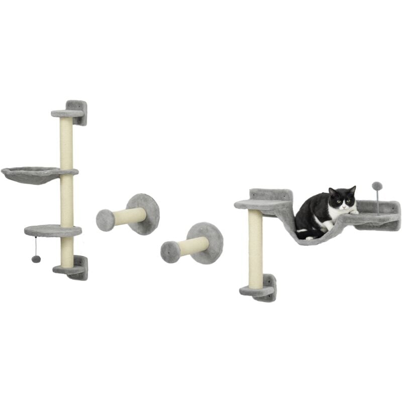 Mur d'escalade pour chat - arbre à chat design mural - griffoirs, plateformes, panier, hamac, jeux boules - gris