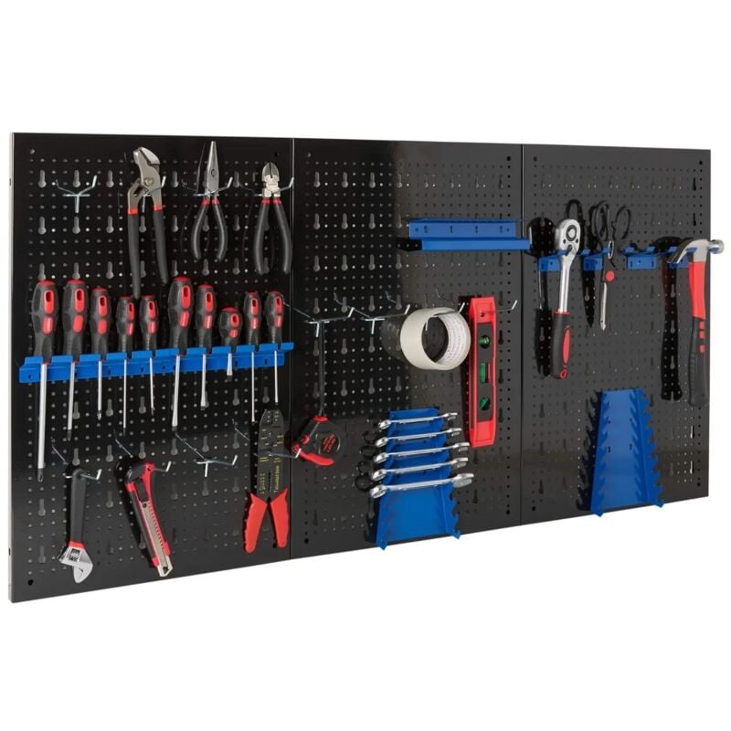 Arebos - Paroi à Outils en Trois Parties Jeu de 17 Crochets Bleu 120 x 60 x 2 cm Paroi à Outils perforée en métal + Supports + matériel de Montage