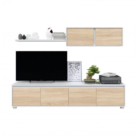 Mur TV 200 cm blanc mat et chêne canadien – Narva
