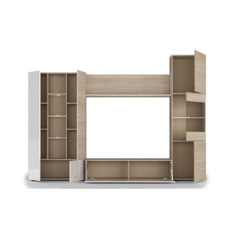 ABITARE Mur TV 260 cm blanc brillant et chêne clair – Ostende