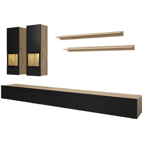 Mur TV 5 pièces avec LED Sloan Noir et Bois