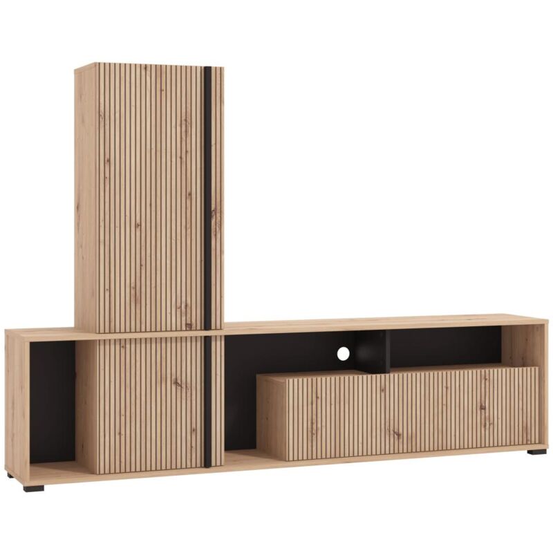 Vente-unique - Mur tv avec 3 portes et 3 niches - Naturel clair et noir - belutzy