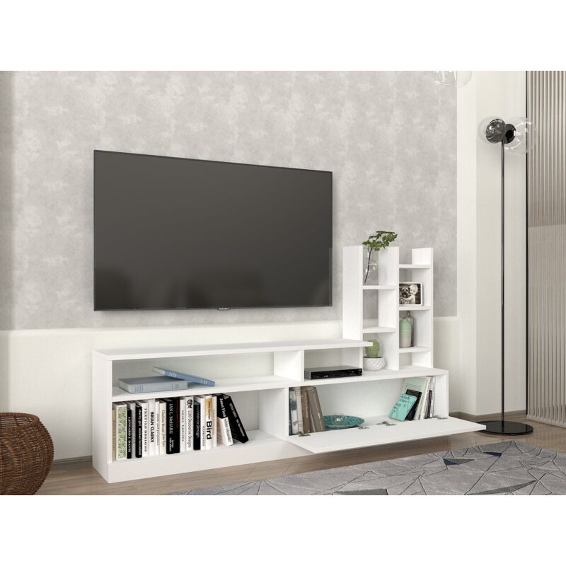 Vente-unique - Unité tv Blanche avec Nombreuses Étagères, 164,4x91,3x25 cm, Pour Grand Salon ou Salle de Jeux