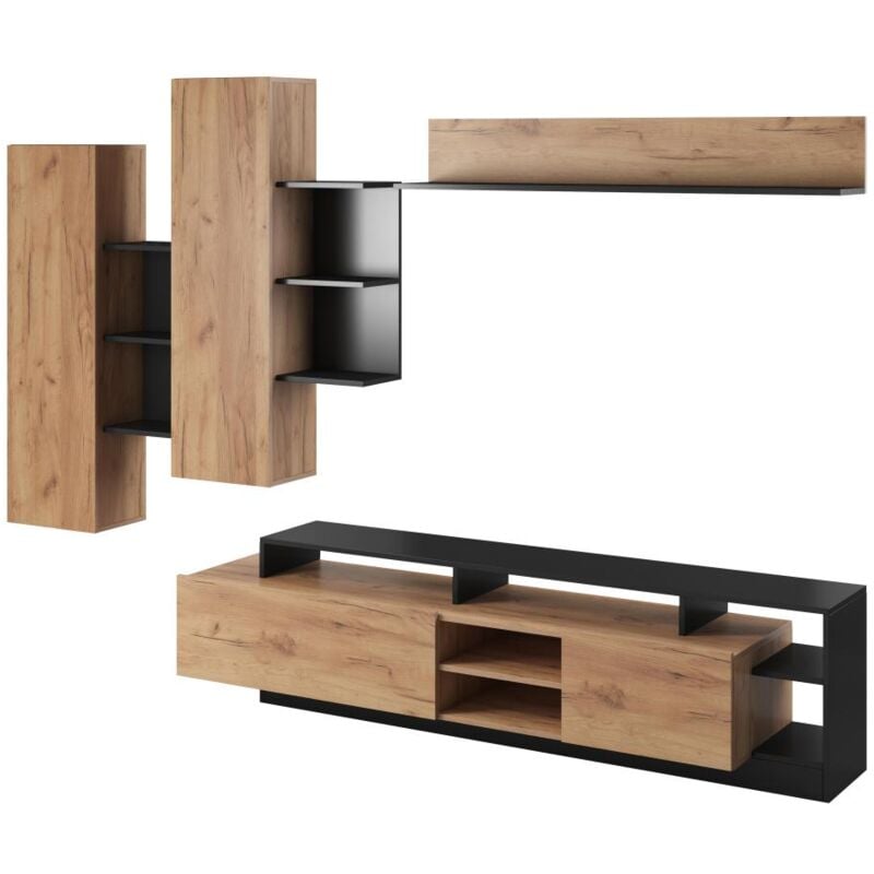 Mur TV avec rangements - Coloris : Naturel et anthracite - IDESIA