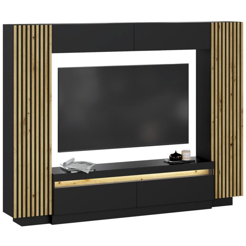 Mur tv avec rangements - LEDs - Noir et Naturel - lionea