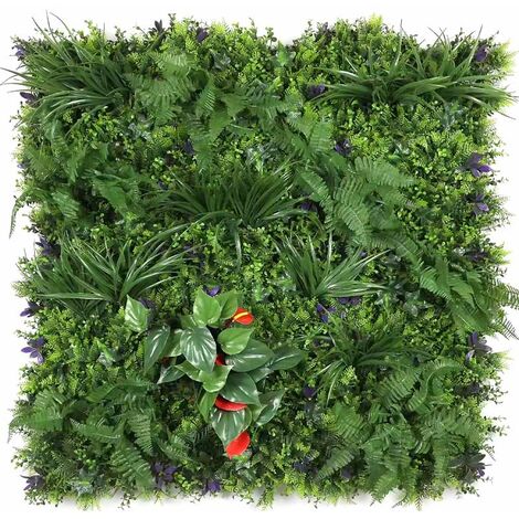 Mur végétal artificiel - Modèle fleur rouge - Dimensions : 100 x 100 cm - Vert