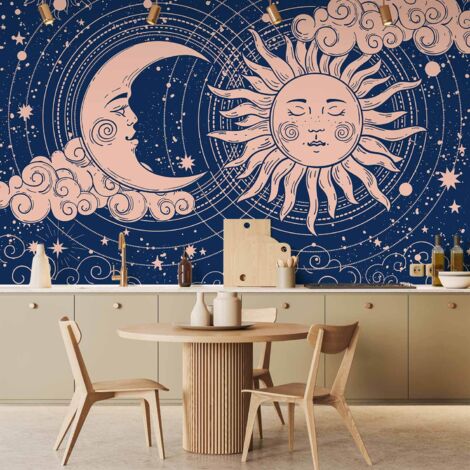 Mural de pared - Armonía Cósmica - ilustración del sol y la luna sobre un fondo azul marino / Noche y Día - elegante diseño de sol y luna sobre un fondo oscuro