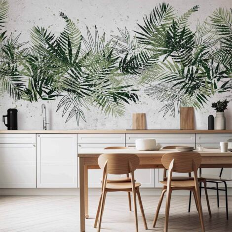 Mural de pared - Selva y plumaje verde - grandes hojas tropicales sobre un fondo blanco