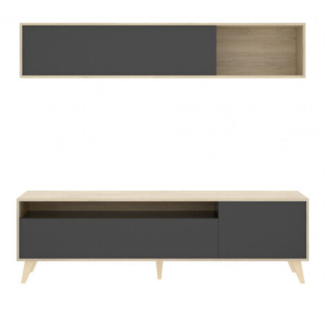 Mural équipée 180 cm porte tv chêne naturel et gris anthracite - Tolosa