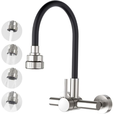Mural Robinet de Cuisine 360° Flexible avec Pulvérisateur Quatre Fonction, Levier Mitigeur Robinet D'évier de Cuisine avec Tuyau en Silicone Noir, Acier Inoxydable brossé