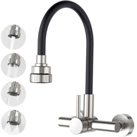 Mural Robinet de Cuisine 360° Flexible avec Pulvérisateur Quatre Fonction, Levier Mitigeur Robinet D'évier de Cuisine avec Tuyau en Silicone Noir, Acier Inoxydable brossé